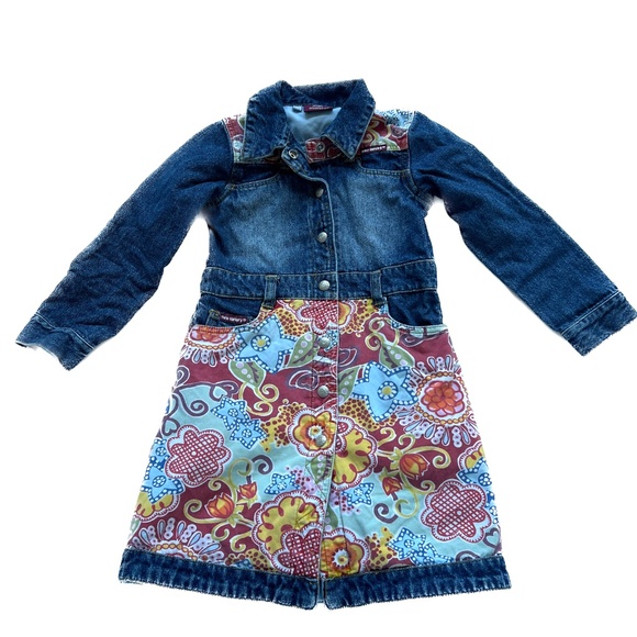 MINI MINORS Girls Dress Denim Top Floral Skirt Size 4 Long Sleeve Pockets Blue - Picture 1 of 6